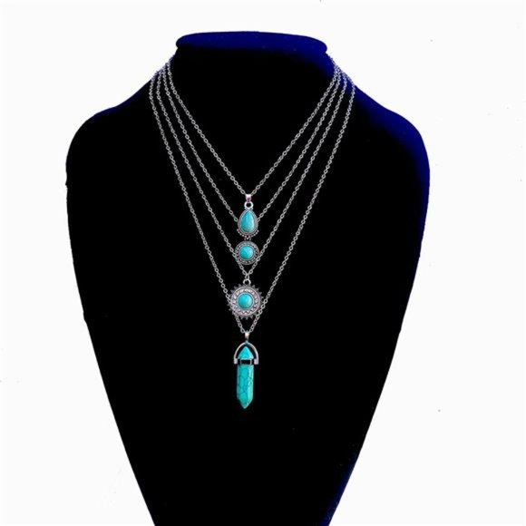 4 PCS Silver Turquoise Layered Necklaces for Women Girls - Picture 3 of 6